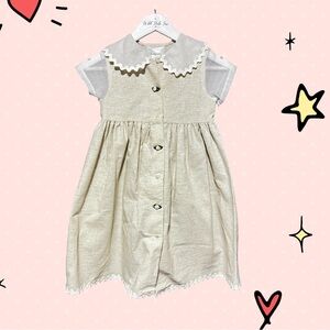 Vintage Cotton Linen Tan Dress w/Cream Chiffon Sleeve Pearl and Rose Button Sz 6